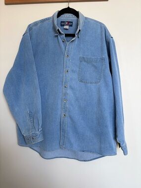 Vintage Chambray Work Shirt Blue Cotton Button Down Large Distressed Workwear